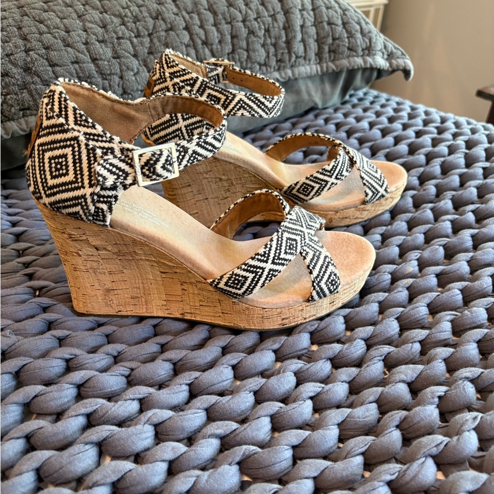 Toms Black and Cream Wedges with Cork Platform